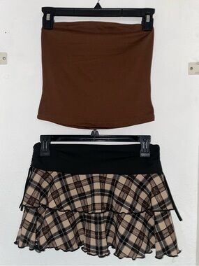 Brown Tube Top and Plaid Ruffle Mini Skirt Set